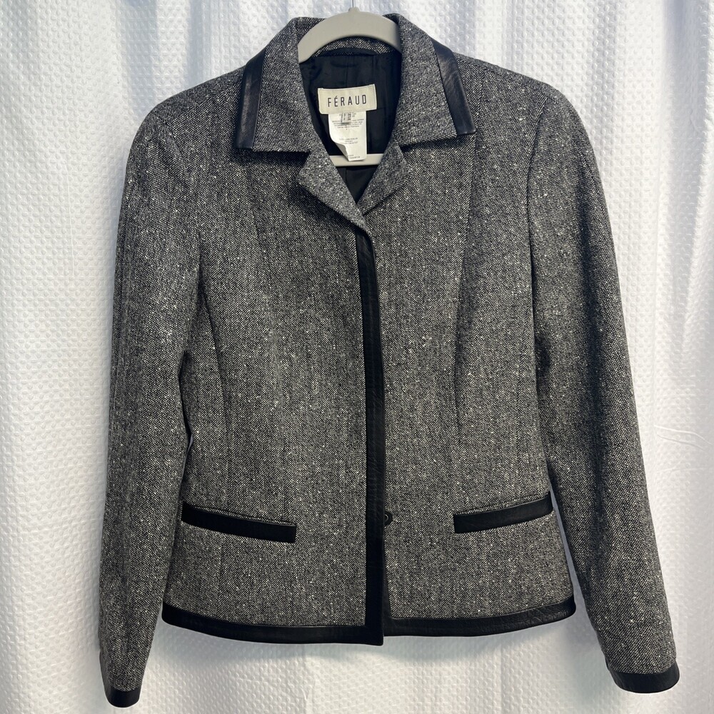Vtg Louis Feraud Black Tweed Leather Trimmed Jacket Medium Emily Gilmore 90’s
